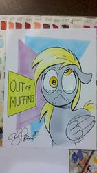 Size: 1024x1816 | Tagged: safe, artist:andypriceart, derpy hooves, pegasus, pony, g4, crying, faic, female, mare, muffin, muffin denial, sad, traditional art