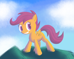 Size: 1500x1200 | Tagged: safe, artist:cyberfire22, scootaloo, pegasus, pony, g4, blank flank, female, filly, foal, gritted teeth, sky, smiling, smirk, solo, spread wings, teeth, wings