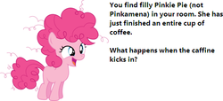 Size: 513x234 | Tagged: safe, pinkie pie, g4, bronybait, coffee, cute, filly, pinkie found the coffee, question, text, this will end in tears, xk-class end-of-the-world scenario