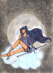 Size: 637x877 | Tagged: safe, artist:pink-kitty17, princess luna, human, g4, bad anatomy, cloud, feet, female, fishnet stockings, humanized, moon, night, sandals, scepter, sitting, skinny, sky, solo, staff, stars, thin, toes, traditional art