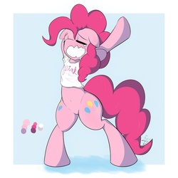 Size: 894x894 | Tagged: dead source, safe, artist:shirohomura, pinkie pie, earth pony, pony, g4, belly button, bipedal, bottomless, clothes, female, shirt, solo, wavy mouth, wide hips, yawn