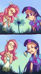 Size: 1629x2913 | Tagged: dead source, safe, artist:holivi, fluttershy, twilight sparkle, human, equestria girls, g4, 2 panel comic, comic, eating, eyes closed, flower, human coloration, humanized, humans doing horse things, no pupils, nom