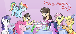 Size: 1800x800 | Tagged: safe, artist:muffinshire, applejack, fluttershy, pinkie pie, rainbow dash, rarity, spike, twilight sparkle, wild fire, human, g4, birthday, birthday cake, cake, happy birthday, hat, human ponidox, mane seven, party, party hat, party horn, pyrokinesis, sibsy