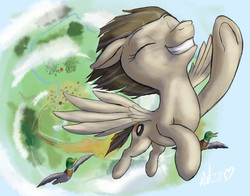 Size: 1265x990 | Tagged: safe, artist:snapai, wild fire, bird, duck, mallard, pegasus, pony, g4, birthday, eyes closed, female, flying, male, mare, smiling, vertigo