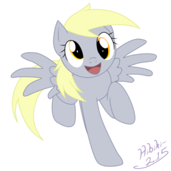 Size: 894x894 | Tagged: dead source, safe, artist:hibiki-215, derpy hooves, pegasus, pony, g4, female, happy, looking at you, mare, open mouth, signature, simple background, smiling, solo, spread wings, transparent background, wings