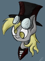 Size: 733x1002 | Tagged: safe, artist:raindropsthedeviant, derpy hooves, pegasus, pony, g4, female, goggles, hat, mare, solo, top hat