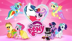 Size: 1136x640 | Tagged: safe, gameloft, screencap, applejack, fluttershy, pinkie pie, princess cadance, rainbow dash, rarity, shining armor, spike, twilight sparkle, g4, official, bridesmaid dress, clothes, dress, flutterbeautiful, gown, loading screen, mane seven, mane six, my little pony logo, ring bearer, stock vector, video game