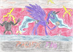 Size: 1024x736 | Tagged: safe, artist:snazzychapaeu, princess luna, g4, crossover, giantess, gipsy danger, lightning, pacific rim, traditional art