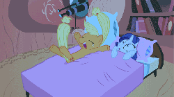 Size: 640x360 | Tagged: safe, edit, edited screencap, screencap, applejack, rarity, g4, look before you sleep, :o, animated, animation error, bed, bouncing, duo, eyes closed, female, golden oaks library, jumping, on back, open mouth, party hard, pillow, smiling, wide eyes