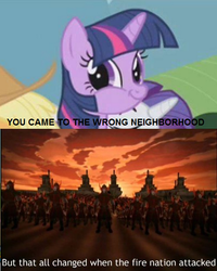 Size: 501x625 | Tagged: safe, twilight sparkle, g4, avatar the last airbender, crossing the memes, exploitable meme, fire nation, memeception, twiface, wrong neighborhood