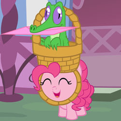 Size: 5200x5200 | Tagged: safe, artist:beavernator, gummy, pinkie pie, pony, g4, ^^, absurd resolution, baby, baby pie, baby pony, basket, basket hat, cute, diapinkes, eyes closed, filly, foal, happy, hat, letter, mouth hold