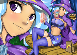 Size: 1750x1250 | Tagged: safe, artist:true-artist-mas, trixie, human, g4, armpits, belly button, breasts, burger, busty trixie, clothes, drink, female, humanized, magic, socks, solo, thigh highs