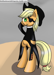 Size: 2546x3509 | Tagged: safe, artist:novaspark, applejack, earth pony, semi-anthro, g4, eyepatch, female, gun, shotgun, solo, weapon