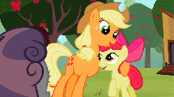 Size: 640x360 | Tagged: safe, artist:capnpea, edit, edited screencap, screencap, apple bloom, applejack, sweetie belle, earth pony, pony, unicorn, g4, sisterhooves social, animated, decapitated, decapitation, eye contact, female, filly, fimbriae, hug, i must go, looking at each other, mare, murder, not salmon, open mouth, raised hoof, severed head, smiling, wat