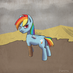 Size: 900x900 | Tagged: safe, artist:draneas, rainbow dash, pegasus, pony, g4, 30 minute art challenge, amputee, bandage, butt, female, mare, plot, post-apocalyptic