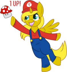 Size: 467x499 | Tagged: safe, artist:lulubell, oc, oc only, oc:ticket, alicorn, pony, alicorn oc, bipedal, clothes, crossover, hat, male, mario, mushroom, nintendo, overalls, simple background, solo, super mario bros., transparent background
