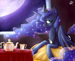 Size: 2200x1800 | Tagged: safe, artist:ifthemainecoon, princess luna, g4, bed, cup, female, moon, moonlight, night, solo, tea, teacup, teapot