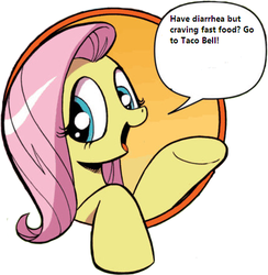 Size: 421x431 | Tagged: safe, idw, fluttershy, friendship is magic #3, g4, my little pony: friendship is magic (idw), bad advice fluttershy, exploitable meme, implied diarrhea, meme, taco bell