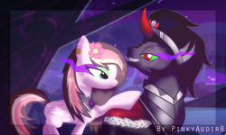 Size: 1024x614 | Tagged: safe, artist:pinkyaudir8, king sombra, oc, oc:pinky, pegasus, pony, g4, canon x oc, crystal empire, dark magic, smiling, smirk, sombra eyes