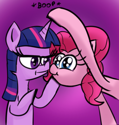 Size: 724x757 | Tagged: safe, artist:senx, pinkie pie, twilight sparkle, pony, g4, :t, boop, duo, horn boop, nose wrinkle, noseboop, smiling