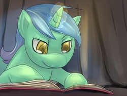 Size: 800x600 | Tagged: safe, artist:bakki, lyra heartstrings, pony, unicorn, g4, book, colored pupils, female, glowing horn, horn, magic, reading, smiling, solo