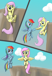 Size: 1000x1443 | Tagged: safe, artist:odooee, fluttershy, rainbow dash, g4, comic, filly, flying, forgetful, help