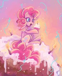 Size: 1024x1251 | Tagged: dead source, safe, artist:meownyo, pinkie pie, earth pony, pony, g4, candle, confetti, cupcake, female, food, happy, micro, solo, streamers, torch