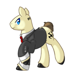 Size: 685x692 | Tagged: safe, artist:gasmaskmonster, earth pony, pony, agent 47, bald, barcode, clothes, cuffs (clothes), formal, frown, hitman, insignia, looking at you, necktie, ponified, scowl, simple background, solo, suit, transparent background, unshorn fetlocks