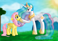 Size: 900x642 | Tagged: safe, artist:inurantchan, fluttershy, princess celestia, g4, sun