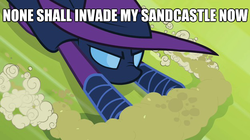 Size: 625x351 | Tagged: safe, edit, edited screencap, screencap, mare do well, g4, the mysterious mare do well, caption, dialogue, female, image macro, sandcastle, solo