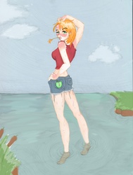 Size: 2449x3244 | Tagged: safe, artist:otaku-attitude, big macintosh, human, g4, barefoot, clothes, feet, humanized, macareina, rule 63, shorts, solo, straw