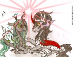 Size: 2106x1636 | Tagged: safe, artist:rossmaniteanzu, king sombra, queen chrysalis, changeling, changeling queen, pony, unicorn, g4, antagonist, couple, female, love, male, ship:chrysombra, shipping, straight, unholy matrimony