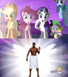 Size: 1920x2160 | Tagged: safe, applejack, fluttershy, pinkie pie, rainbow dash, rarity, spike, human, pony, g4, alicorn flash, exploitable meme, hub logo, irl human, isaiah mustafa, meme, old spice