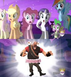 Size: 638x692 | Tagged: safe, applejack, fluttershy, pinkie pie, rainbow dash, rarity, spike, g4, alicorn flash, exploitable meme, grand duchess, heavy (tf2), hub logo, meme, team fortress 2