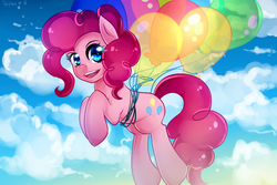 Size: 3000x2000 | Tagged: dead source, safe, artist:twigileia, pinkie pie, g4, balloon, cute, diapinkes, female, floating, high res, looking at you, open mouth, smiling, solo, then watch her balloons lift her up to the sky