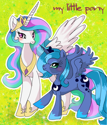 Size: 670x780 | Tagged: safe, artist:tsukuda, princess celestia, princess luna, g4, pixiv