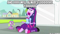 Size: 600x337 | Tagged: safe, edit, edited screencap, screencap, spike, twilight sparkle, dog, human, equestria girls, g4, my little pony equestria girls, i will always love you, meme, screaming, song, song reference, spike the dog, twiscream, whitney houston, wondercolt statue