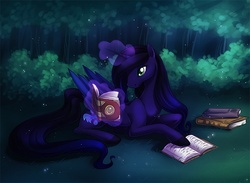 Size: 700x512 | Tagged: safe, artist:shinepawpony, oc, oc only, book, forest, magic, night, reading