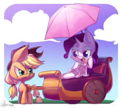 Size: 4104x3650 | Tagged: safe, artist:jggjqm522, applejack, rarity, g4, cart, chariot, chibi, umbrella