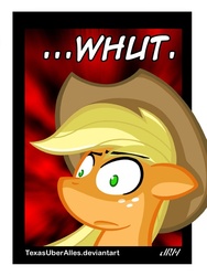 Size: 432x576 | Tagged: safe, artist:texasuberalles, applejack, earth pony, pony, g4, abstract background, cowboy hat, female, hat, image macro, meme, reaction image, solo, text, wat