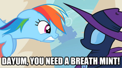 Size: 625x352 | Tagged: safe, edit, edited screencap, screencap, mare do well, rainbow dash, g4, the mysterious mare do well, caption, duo, image macro