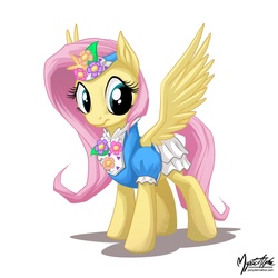 Size: 1245x1245 | Tagged: safe, artist:mysticalpha, fluttershy, pegasus, pony, g4, clothes, dress, female, flower, mare, simple background, solo, spread wings, white background, wings