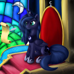 Size: 900x900 | Tagged: safe, artist:1nakir1, princess luna, g4, female, sitting, solo, stained glass, throne