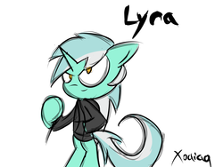 Size: 3000x2250 | Tagged: safe, artist:xodiaq, lyra heartstrings, pony, unicorn, g4, bipedal, clothes, concept art, equestrian assassins, female, hoodie, simple background, smiling, solo, white background