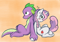 Size: 2085x1467 | Tagged: safe, artist:ambris, artist:scarletvye, spike, sweetie belle, g4, blushing, female, male, older, ship:spikebelle, shipping, straight