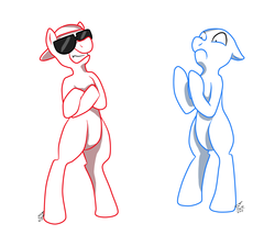 Size: 1158x992 | Tagged: safe, artist:kudalyn, pony, bipedal, blewis, blue, dick figures, ponified, red, redward, sunglasses