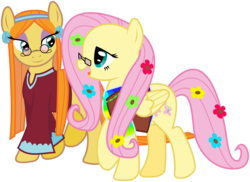 Size: 6000x4368 | Tagged: safe, artist:masem, idw, fluttershy, wheat grass, g4, 2013, absurd resolution, bedroom eyes, clothes, flower, flower in hair, glasses, hilarious in hindsight, hippie, hippieshy, open mouth, round glasses, simple background, smiling, transparent background, vector, walking