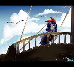 Size: 2276x2048 | Tagged: safe, artist:vardastouch, rarity, bird, seagull, g4, clothes, female, hat, ship, solo, water