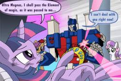 Size: 500x333 | Tagged: safe, artist:gx, edit, scootaloo, sweetie belle, twilight sparkle, g4, cropped, crossover, element of magic, horsepower, imminent death, transformers, ultra magnus