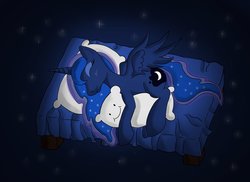 Size: 1049x762 | Tagged: safe, artist:malamol, princess luna, g4, :i, bed, eyes closed, female, missing accessory, on side, pillow, sleeping, smiling, solo, spread wings